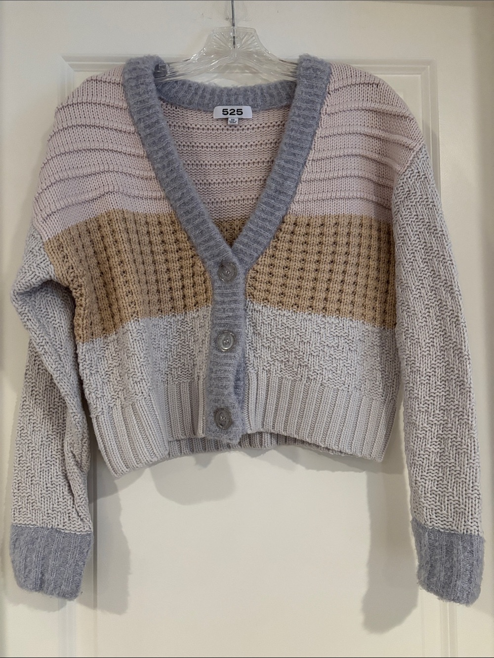 525 America Colorblock V-Neck Cropped Cardigan Sweater - Pink, Beige, Gray